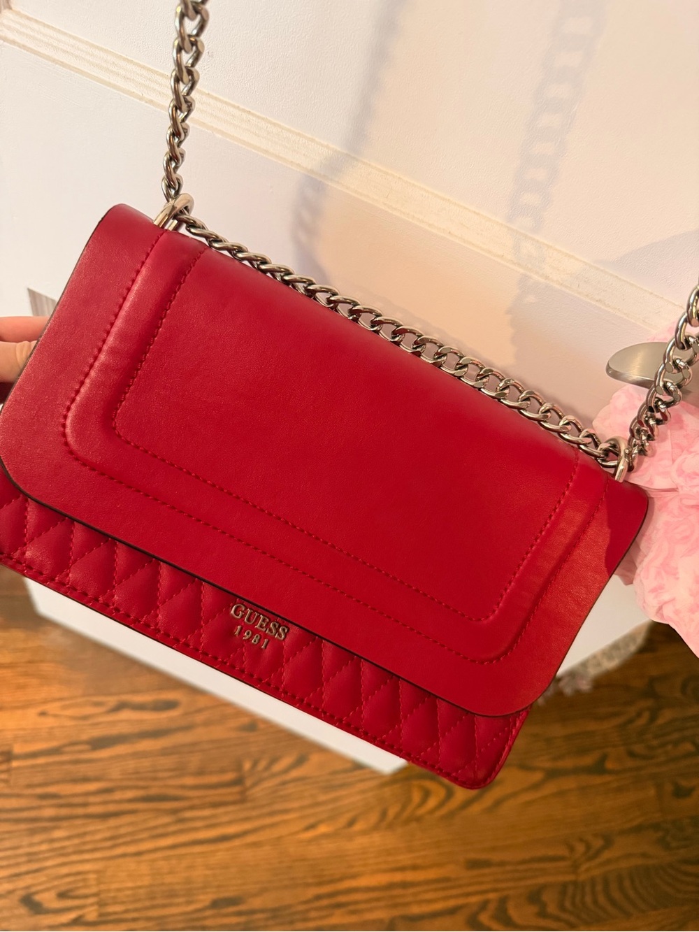 GUESS Red Quilted Chain-Shoulder Crossbody Bag with Silver Hardware